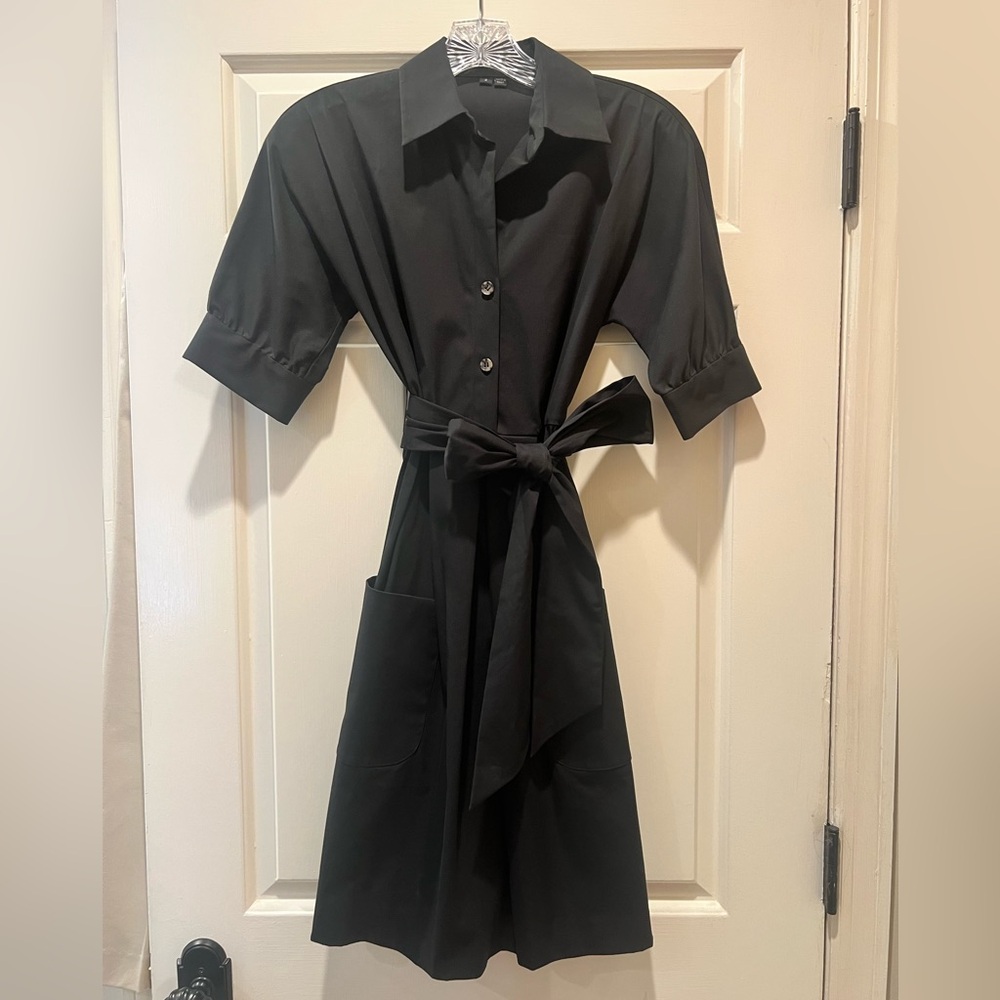 Theory Black Buttoned Tie Front Shirt Dress with Pockets NEW Size 2